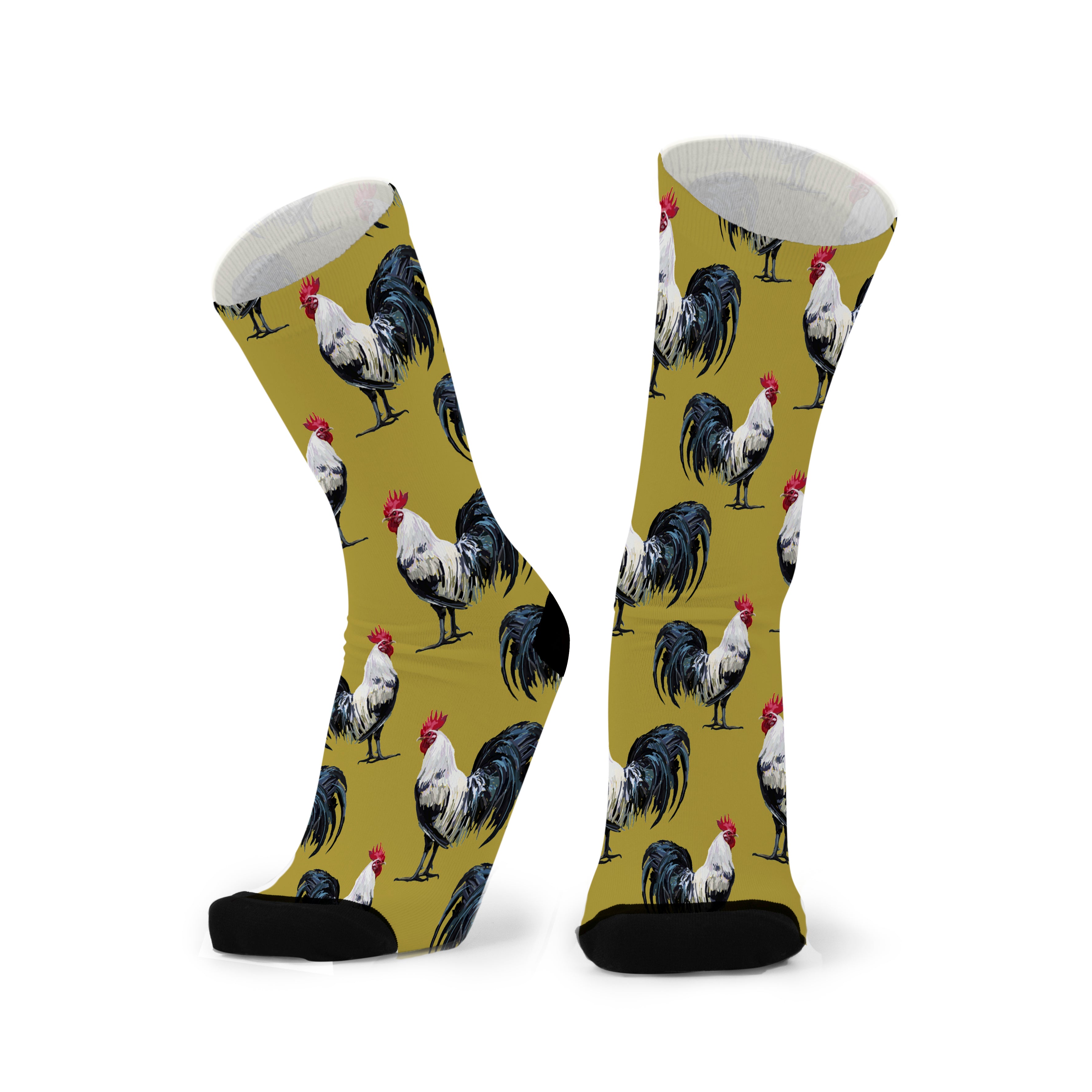 Socks with rooster pattern on a yellow background