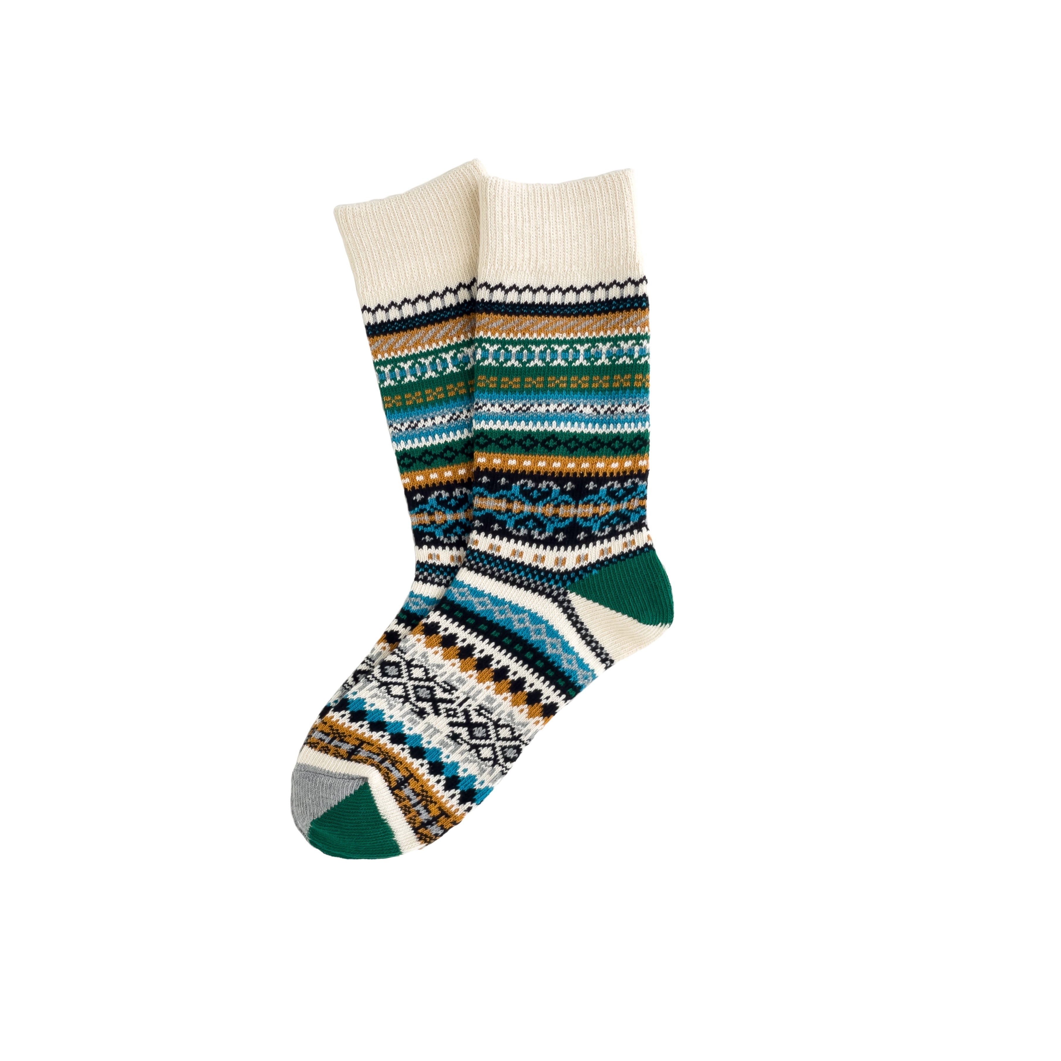 A pair of cotton socks with a Scandinavian Style Socks in multiple colors, including green, blue, beige, and white.