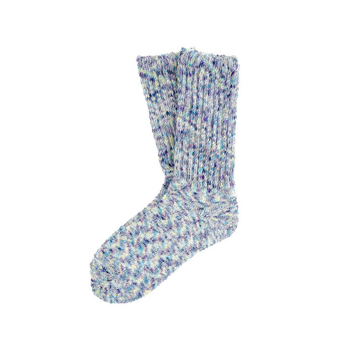 A pair of multicolored ombre loose top socks, with a mix of blue and white hues visible.