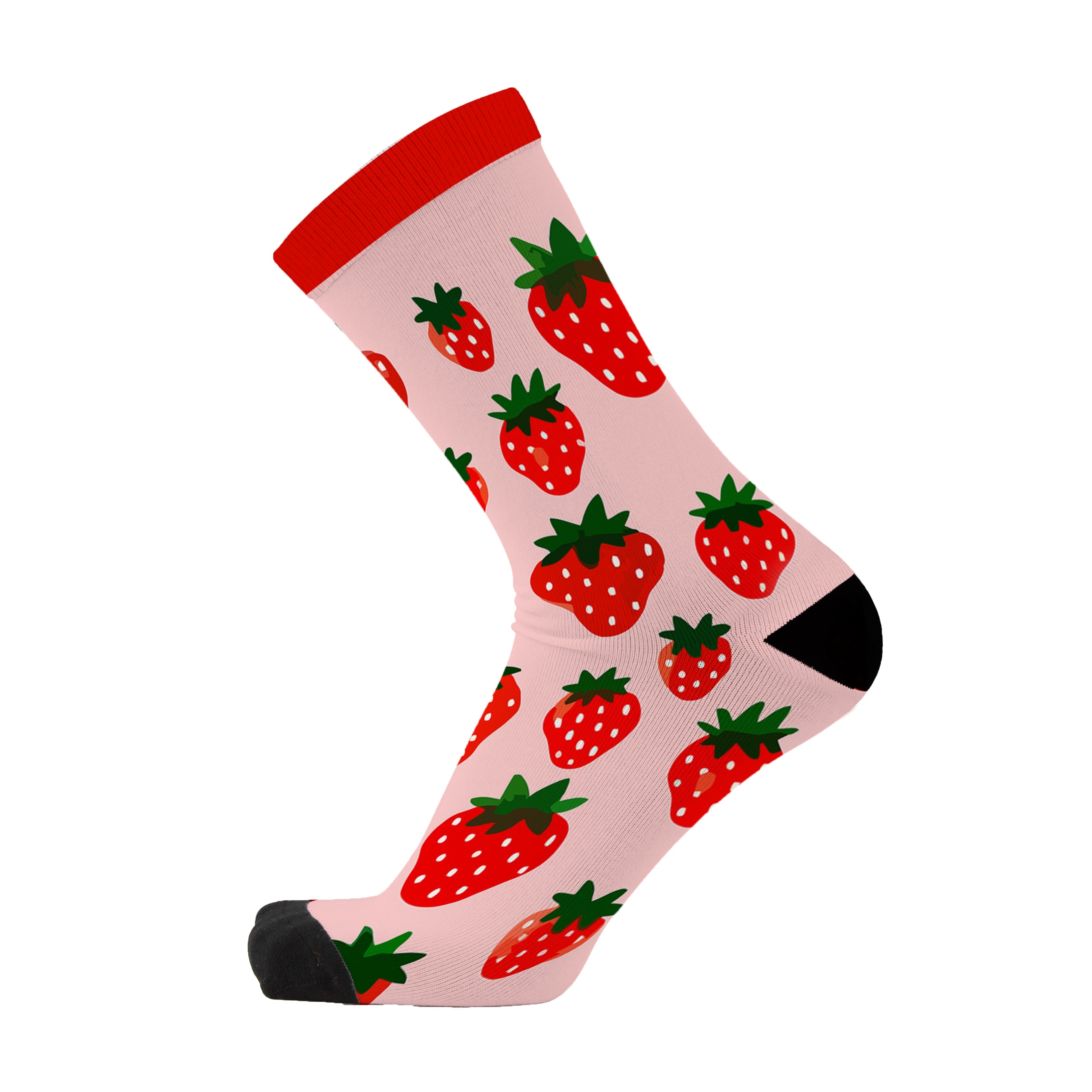 Colourful bamboo socks featuring strawberries on a pink background.