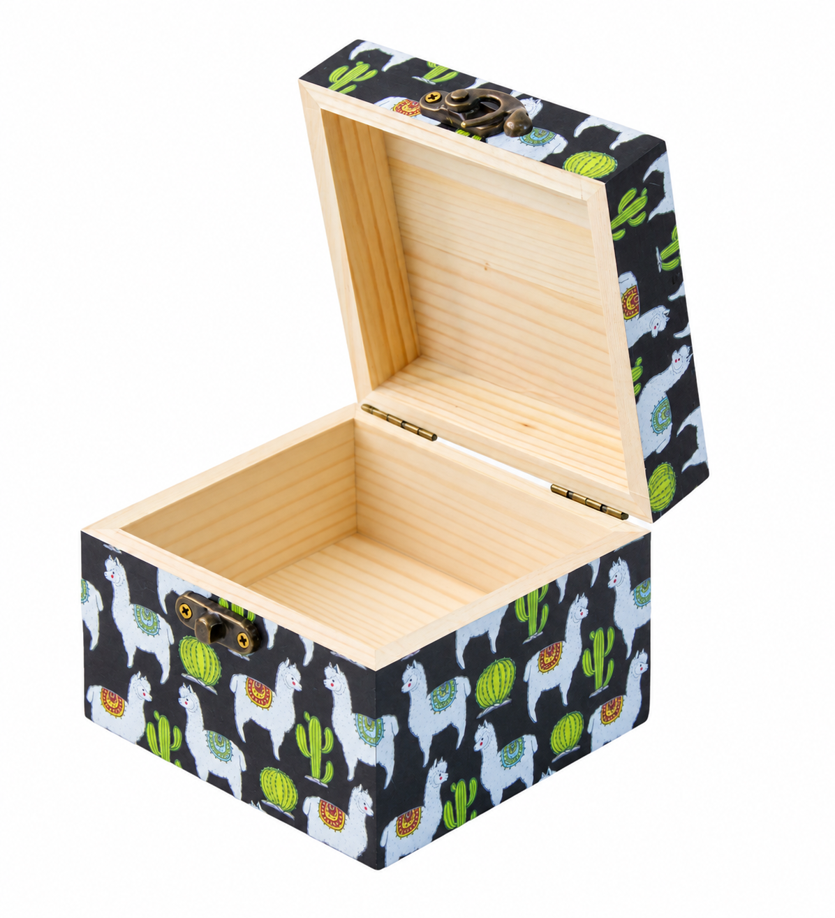 Empty open llama and cactus timber gift box for two pairs of socks and greeting card