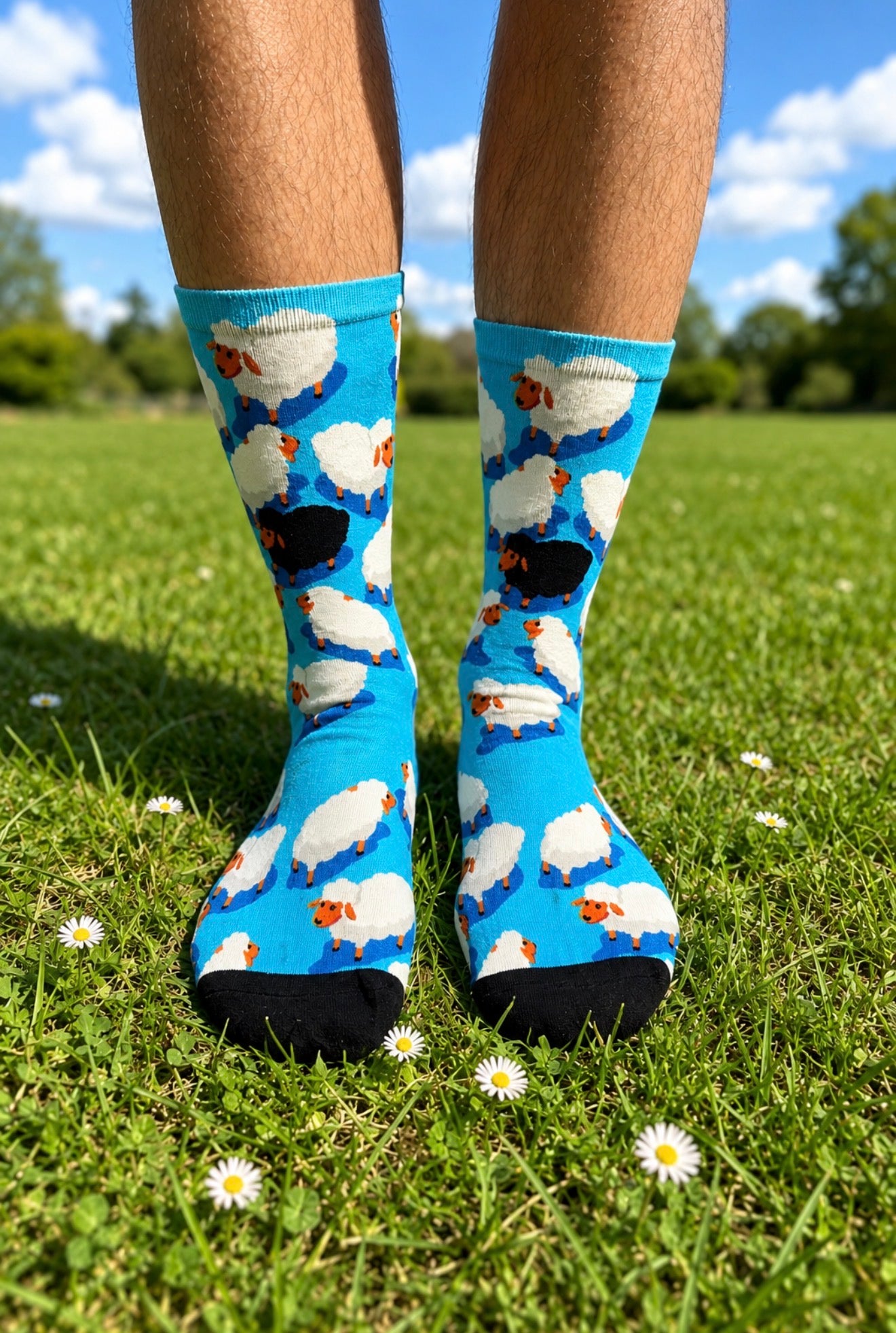 A person's legs standing on a green grass lawn under a blue sky, wearing bright blue crew socks with a repeating pattern of white sheep with black and orange faces.