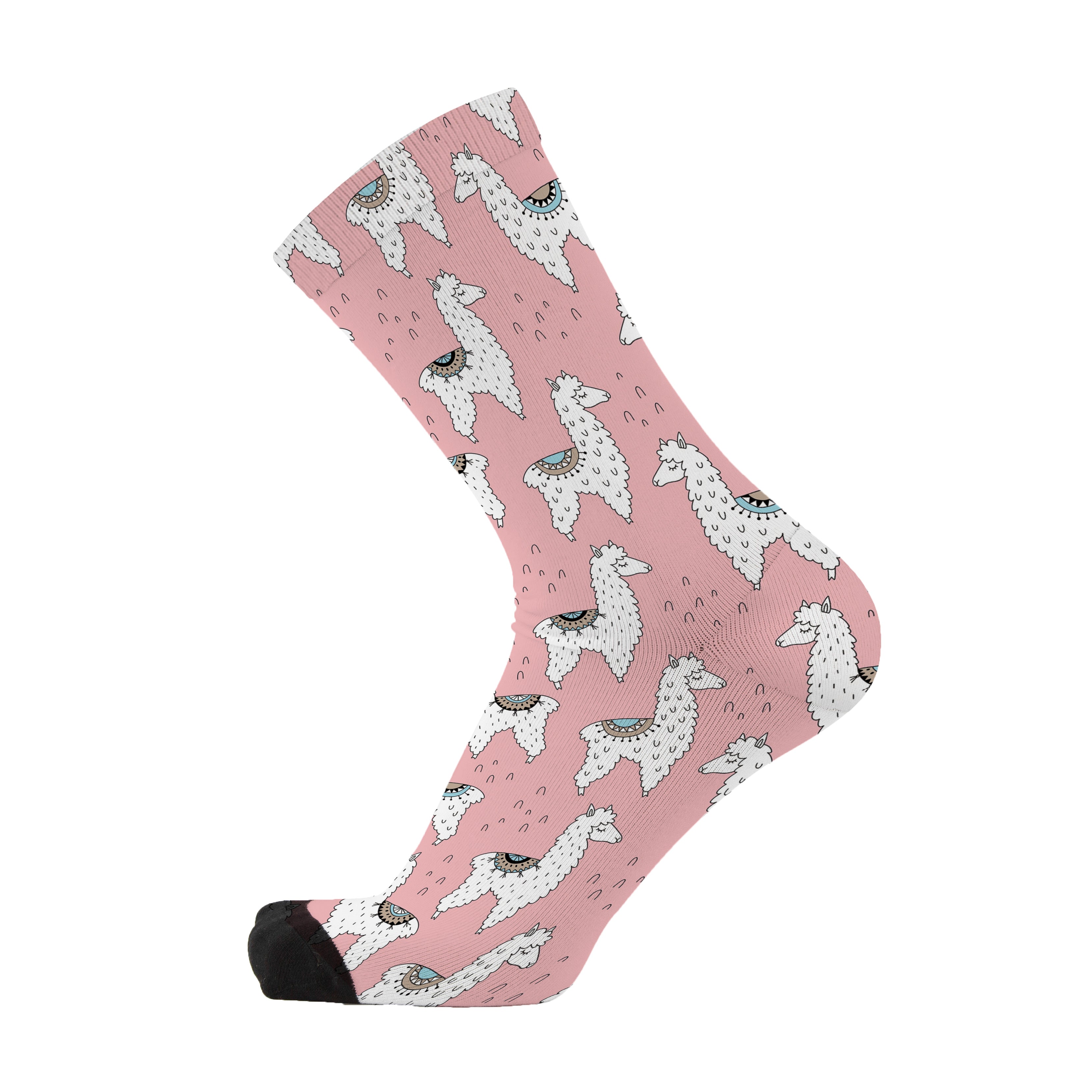 A pink sock with alpaca animal print on it, showing a 360-degree continuous pattern around the whole sock.