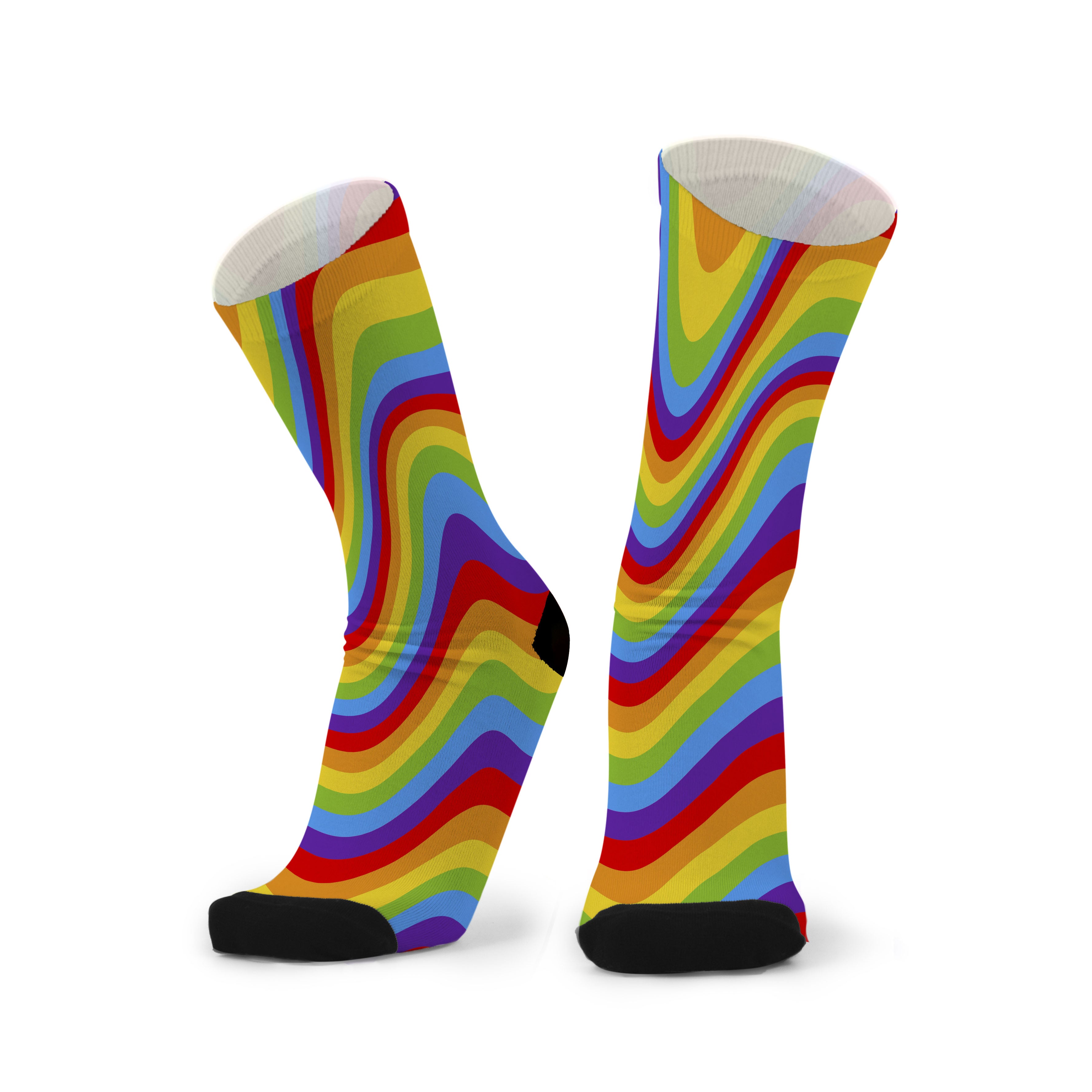 A pair of colorful striped socks with a pride rainbow pattern, displayed against a white background.