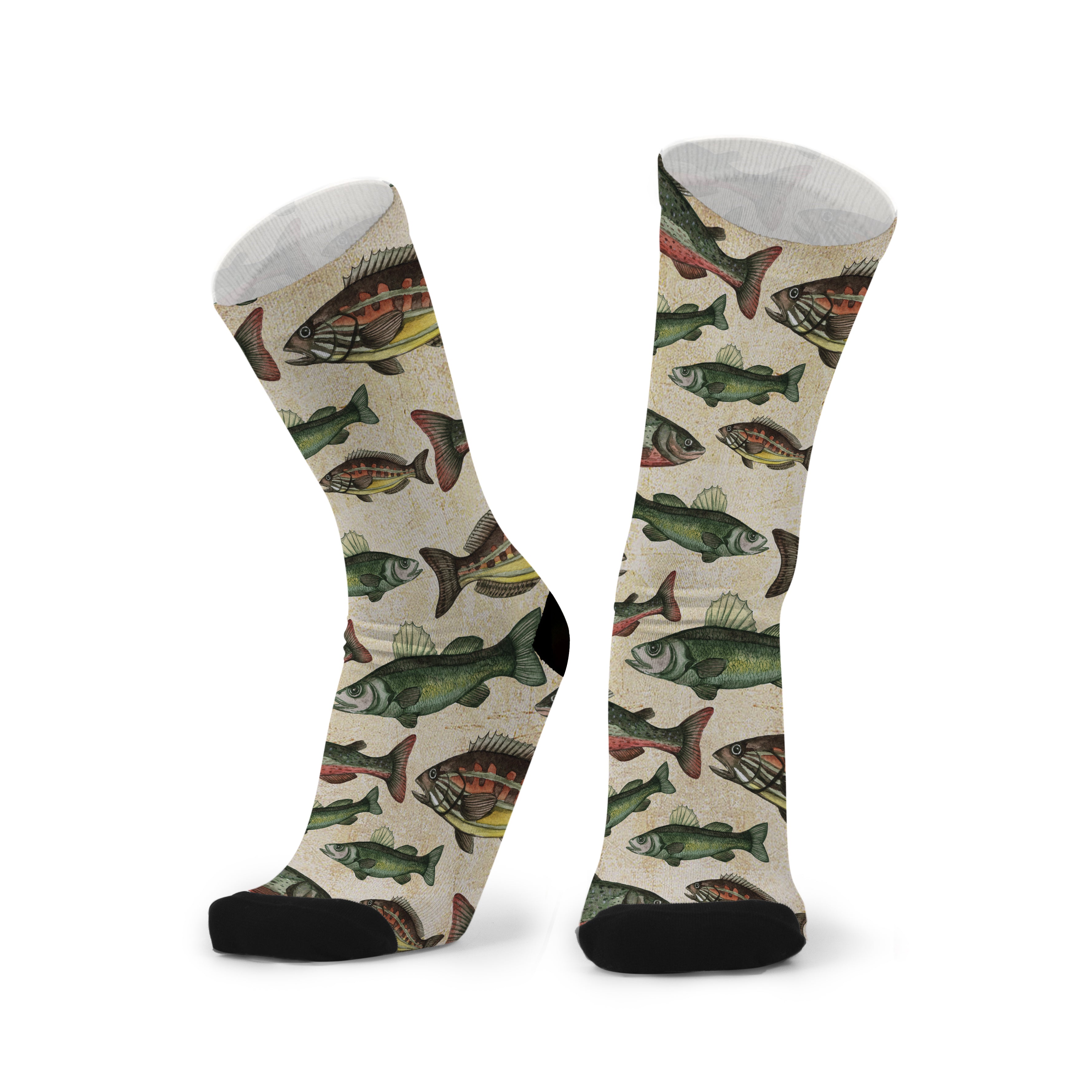 A pair of various fish design socks. 