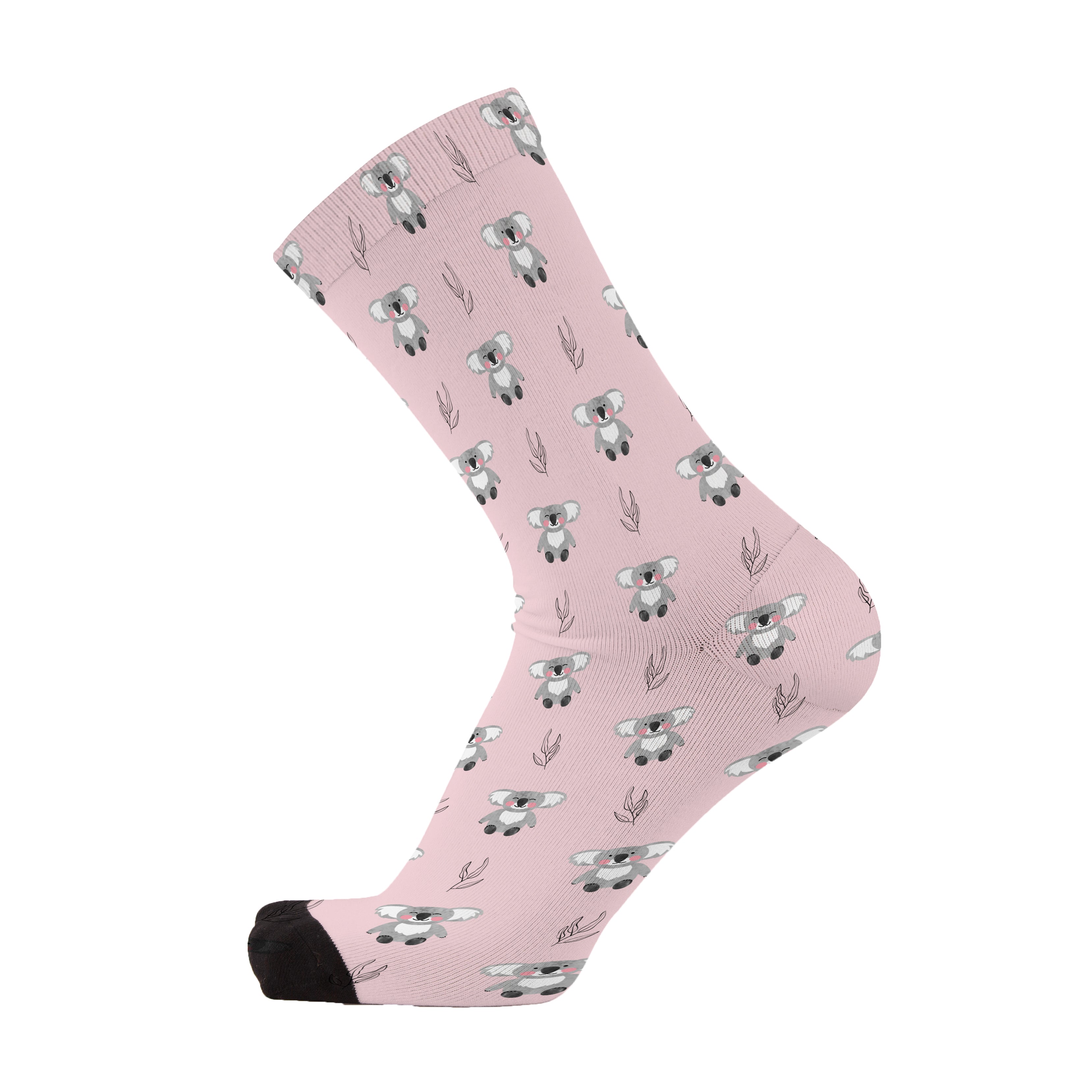 A pink sock with a pattern of koala bears and leaves.