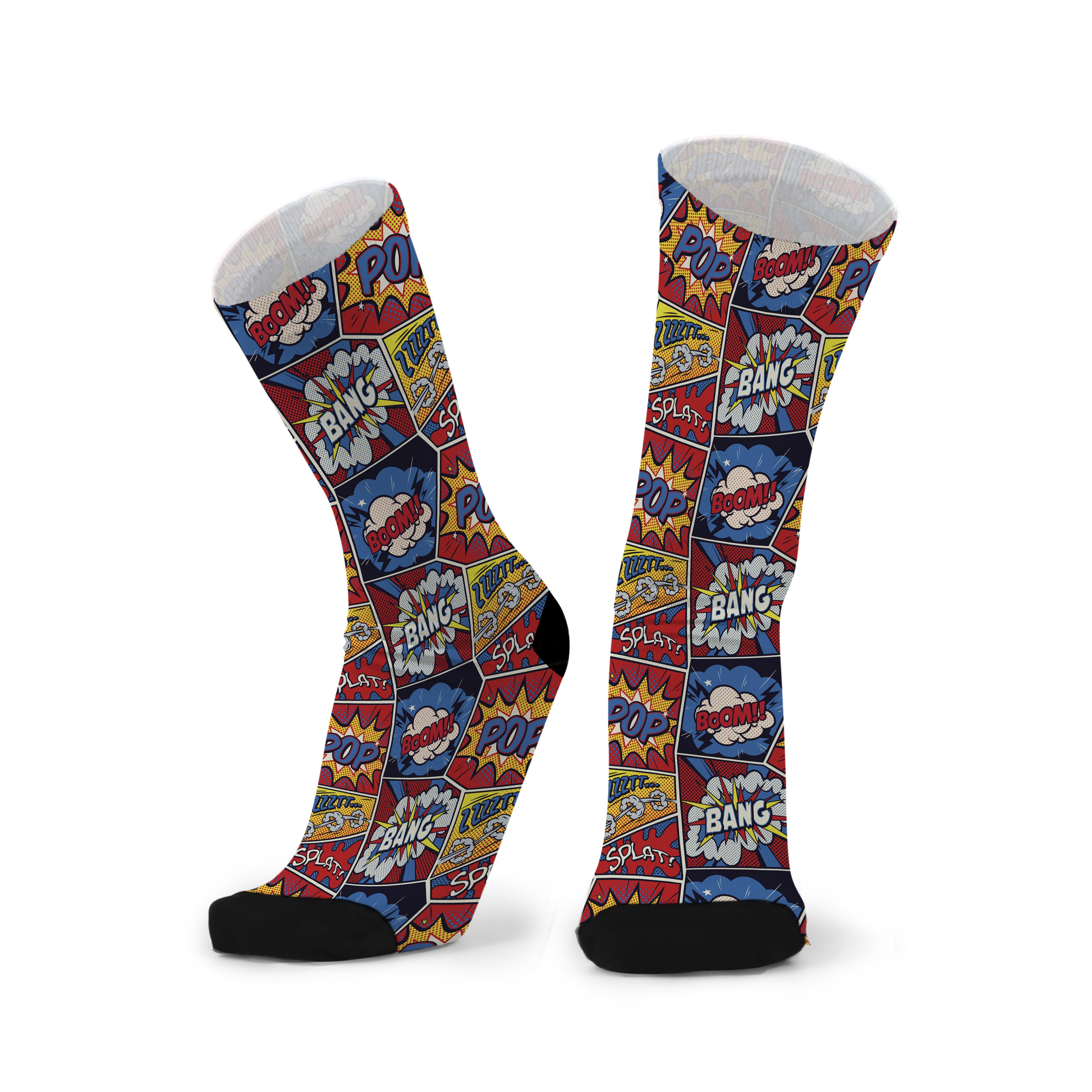 A pair of colorful socks with text and graphic patterns, designed to resemble a comic book style. The socks are worn on the feet, showing the inside and outside of the socks.