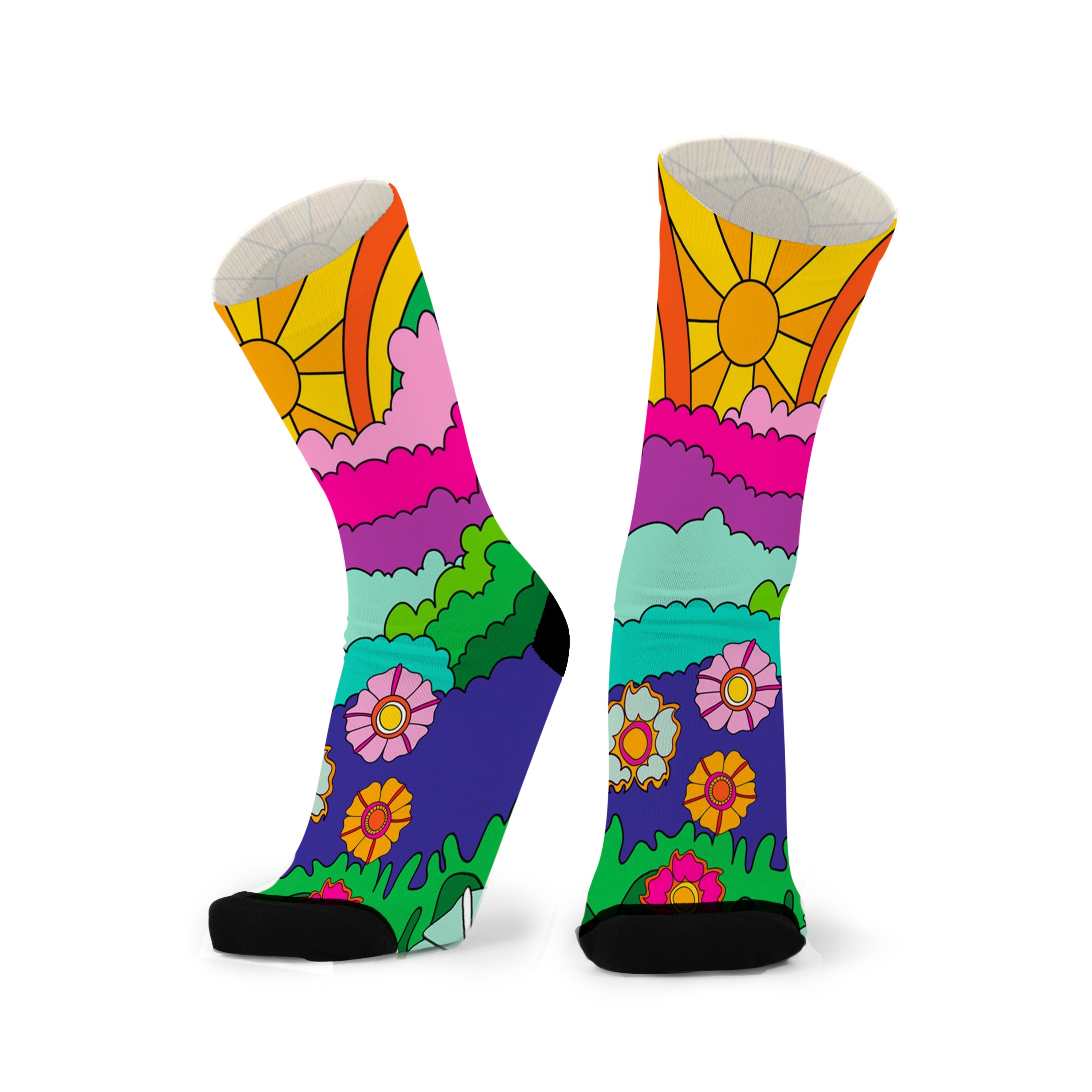 A pair of colorful socks with a floral pattern and abstract designs in vibrant shades of pink, yellow, green, and blue.