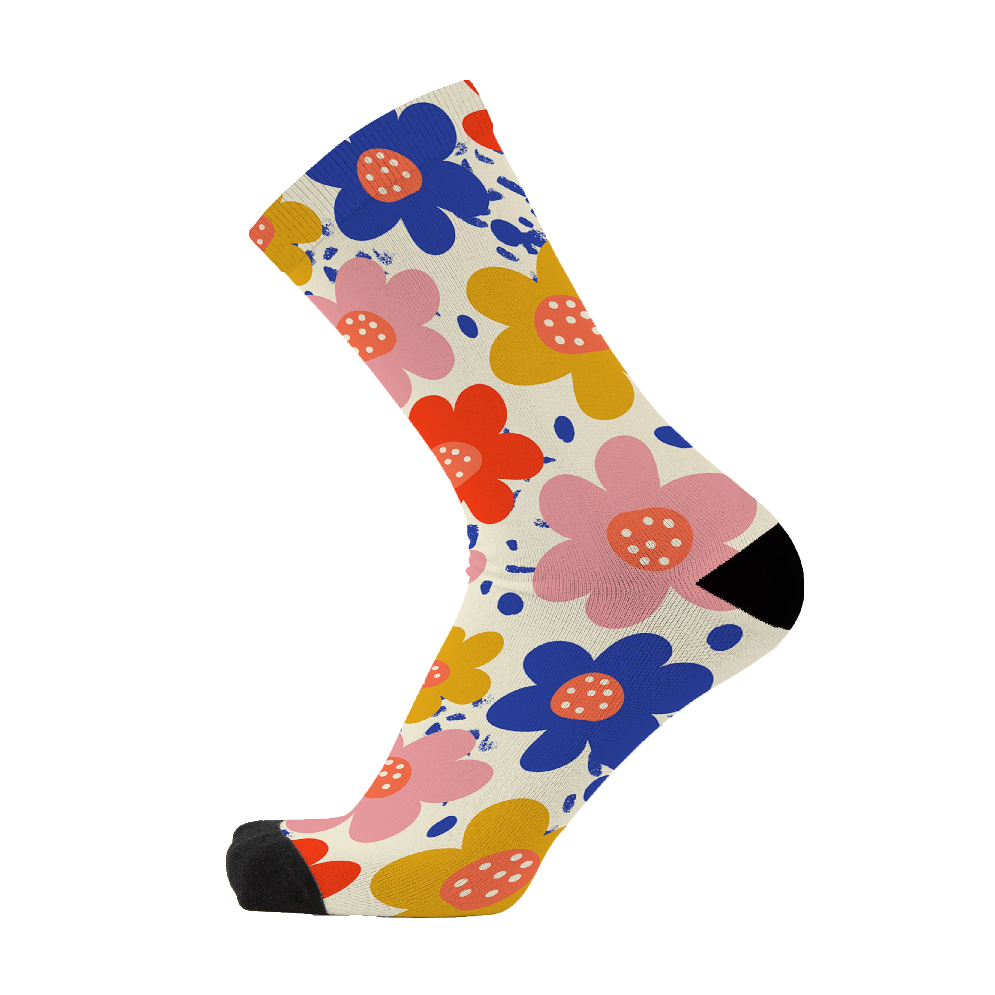 A colorful sock with a floral pattern, predominantly featuring flowers in pink, blue, and red hues on a beige background.