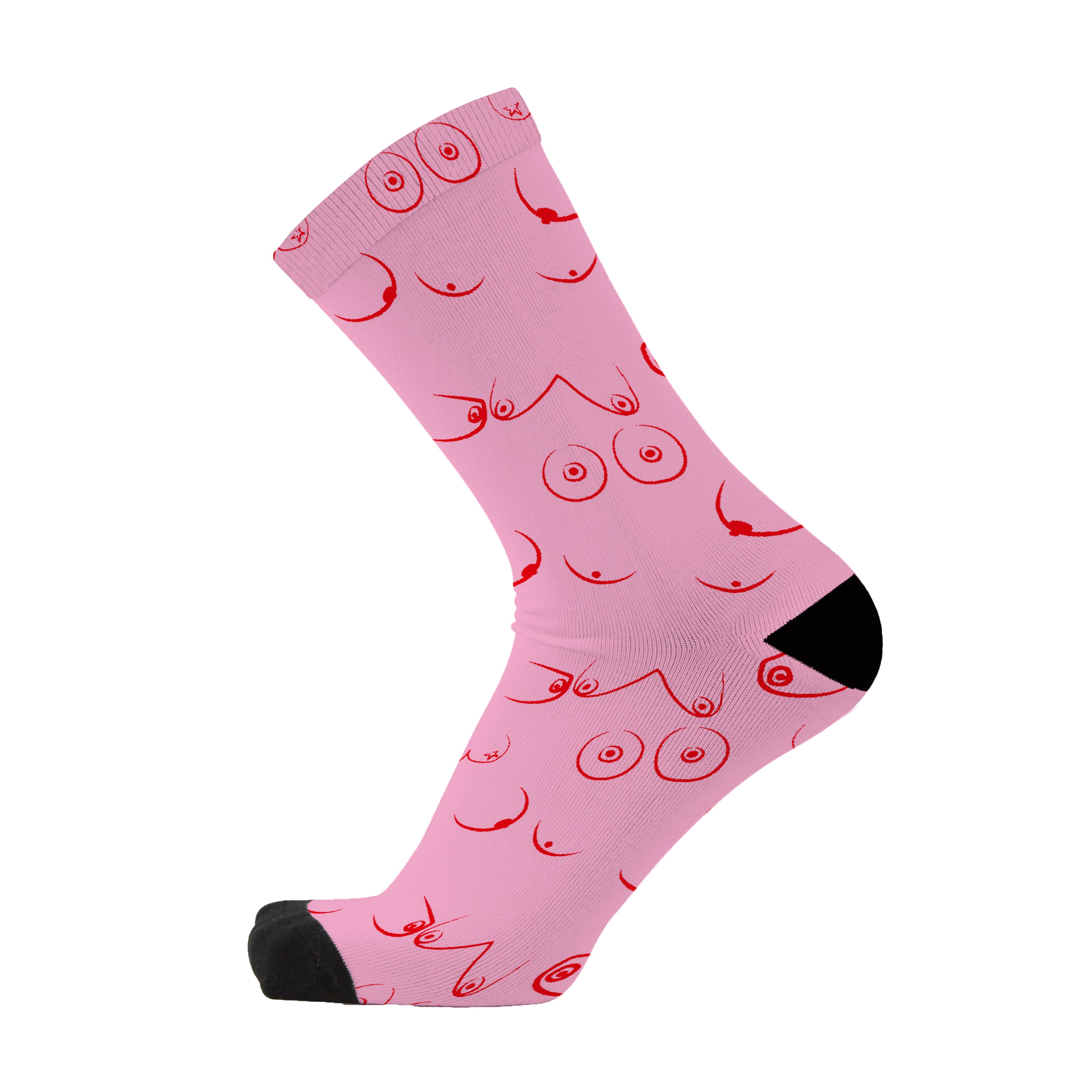 Pink novelty socks featuring an all-over breast illustration pattern with black toe and heel accents. Fun body positive socks for women and unique gift ideas.