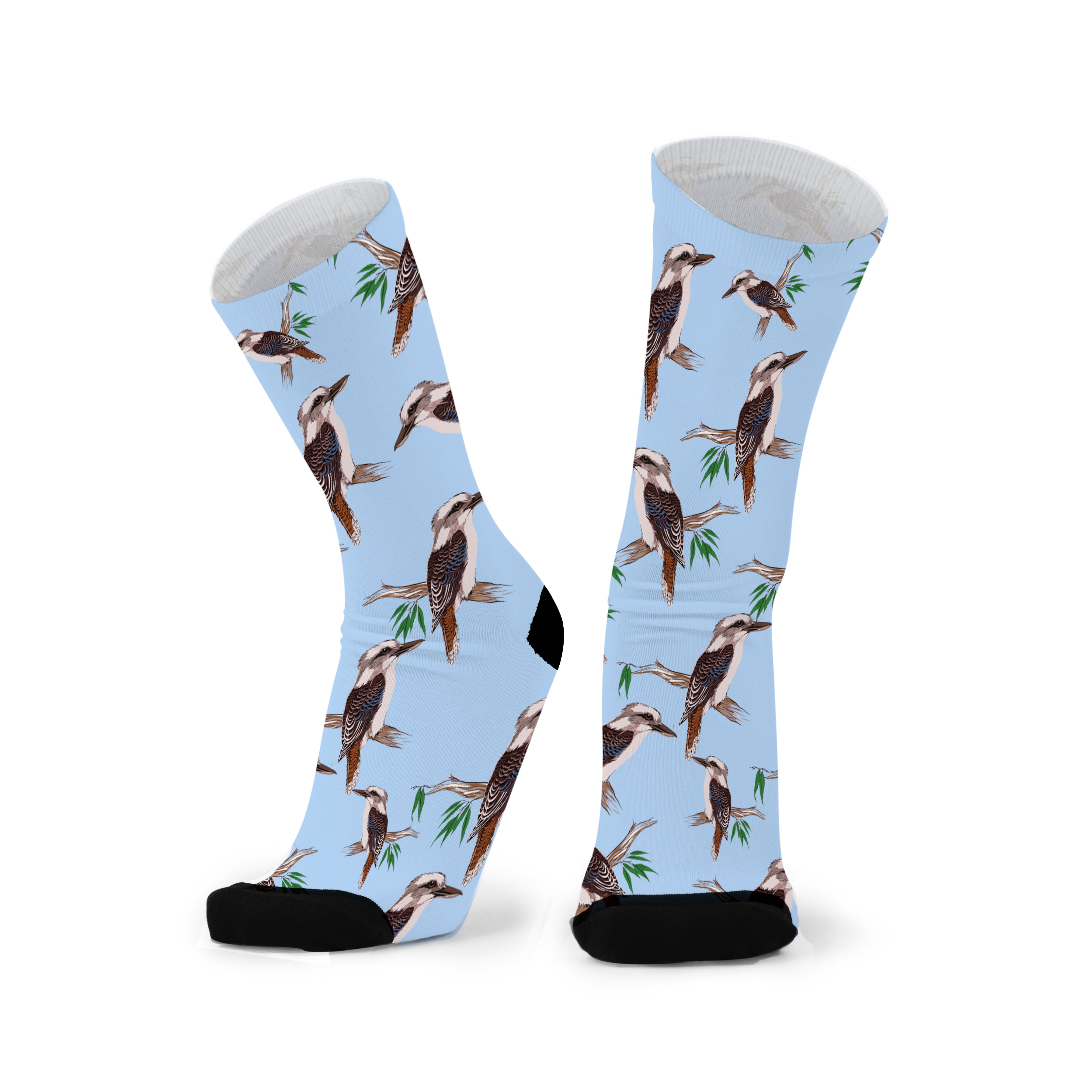 A pair of blue socks featuring a pattern of kookaburra birds and foliage.