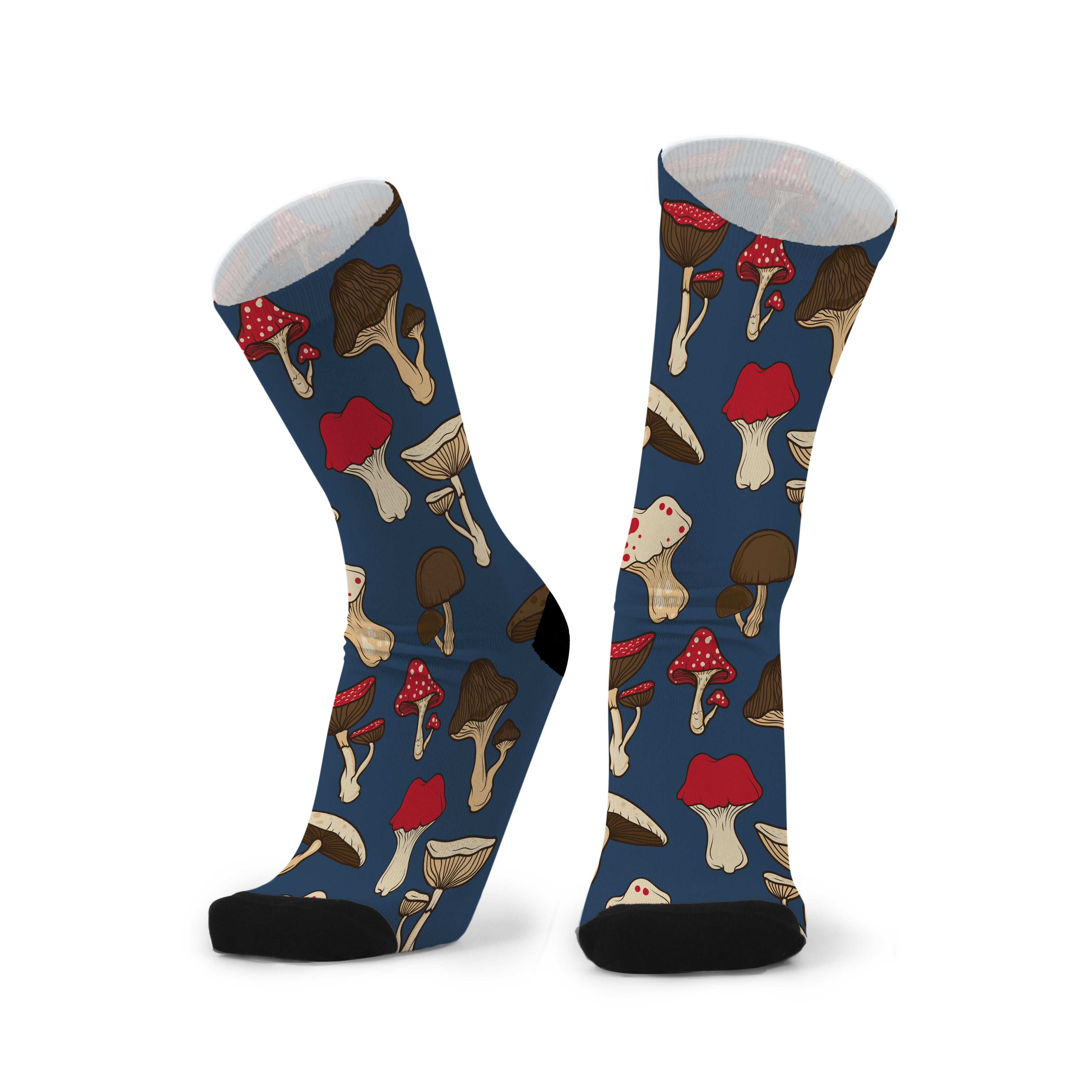 A pair of navy socks with a pattern of various mushrooms in shades of red, brown, and white.