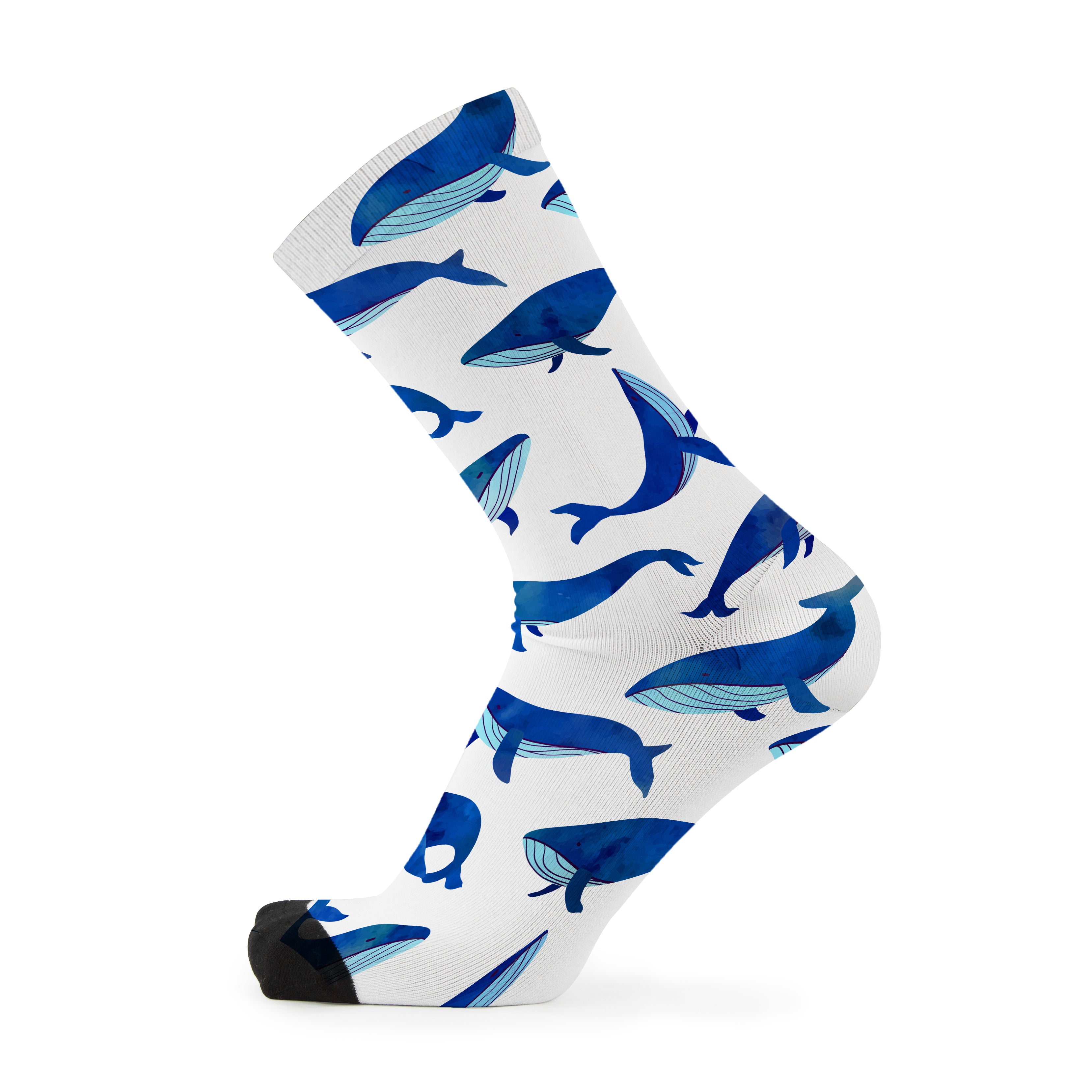 A pair of white socks with blue whale patterns. Australian Whale Bamboo Socks | Ocean Lover Gift Socks
