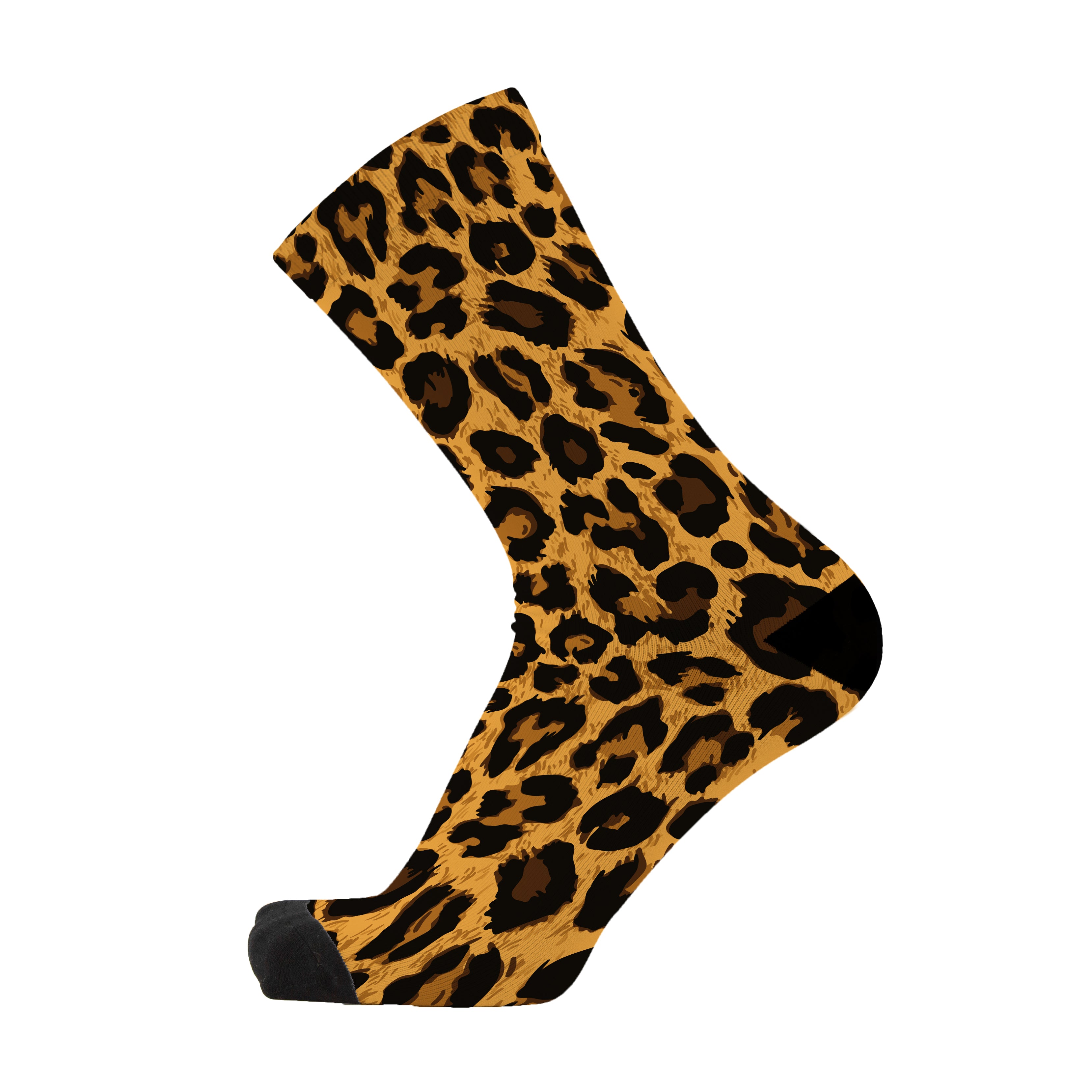 A leopard print sock with a fine spun toe seam and reinforced toe, designed for both men and women.